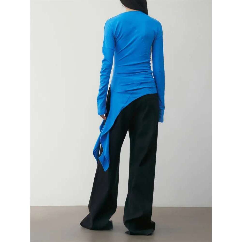 Women Irregular Long-Sleeved T-Shirt Round Neck Casual Autumn Lady Slim Blue White Black Lace-Up Tshirt Top