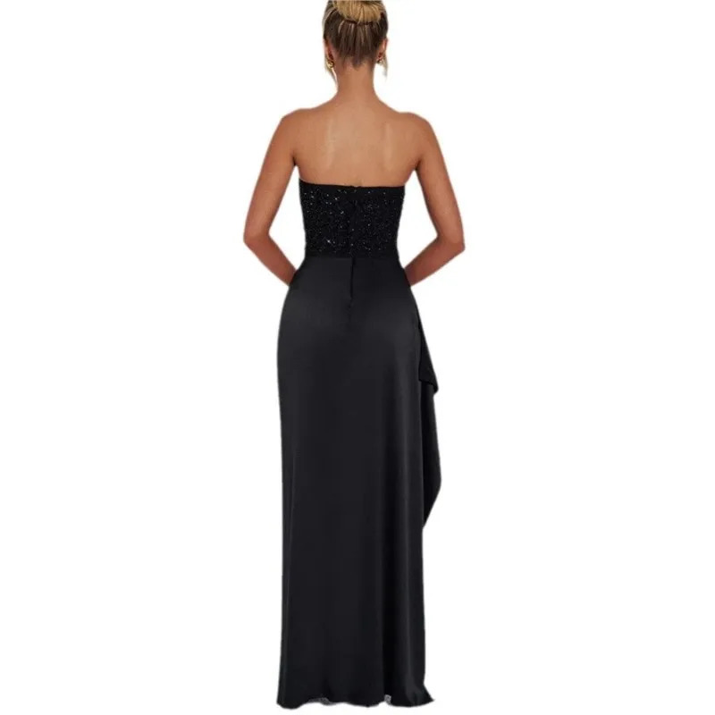 Summer Satin Evening Dress 2025 Elegant Tube Top Sequins Long Dress Fashion Sleeveless High Split Prom Party Dress 250303