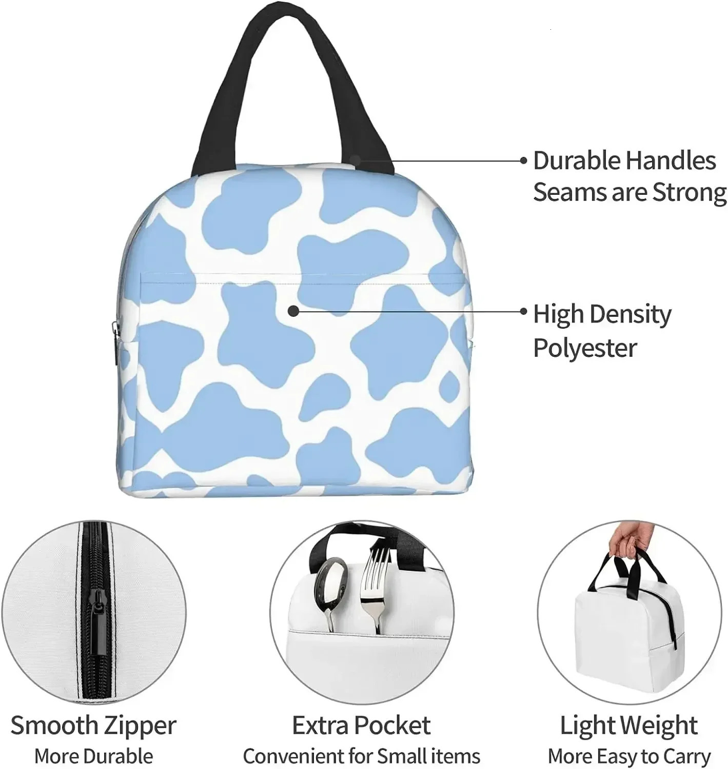 Light Blue Cow Animal Lunch Bag for Travel Work Picnic Bento Cooler Reusable Tote Lunch Boxes Insulated Container Shopping Bags 250228