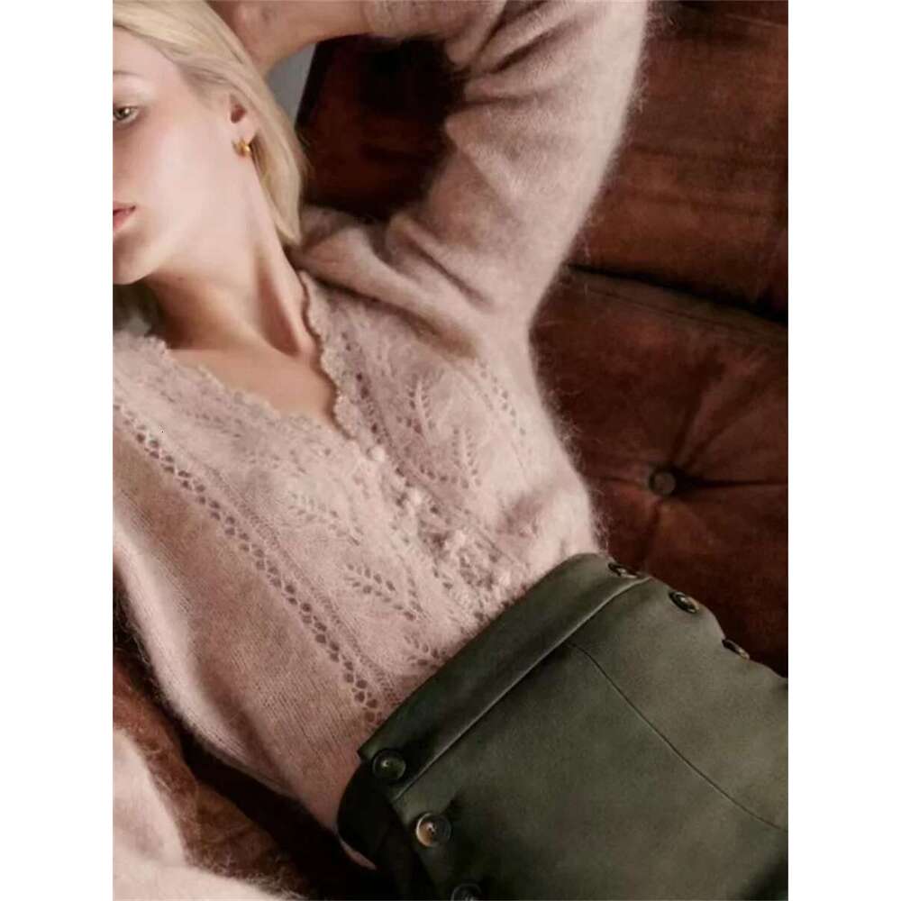 2 Colors Knit Cardigan Women Crochet Hollow Out Wear Both Front And Back V-Neck Mohair Wool Blends Fall 2025 Female Sweater