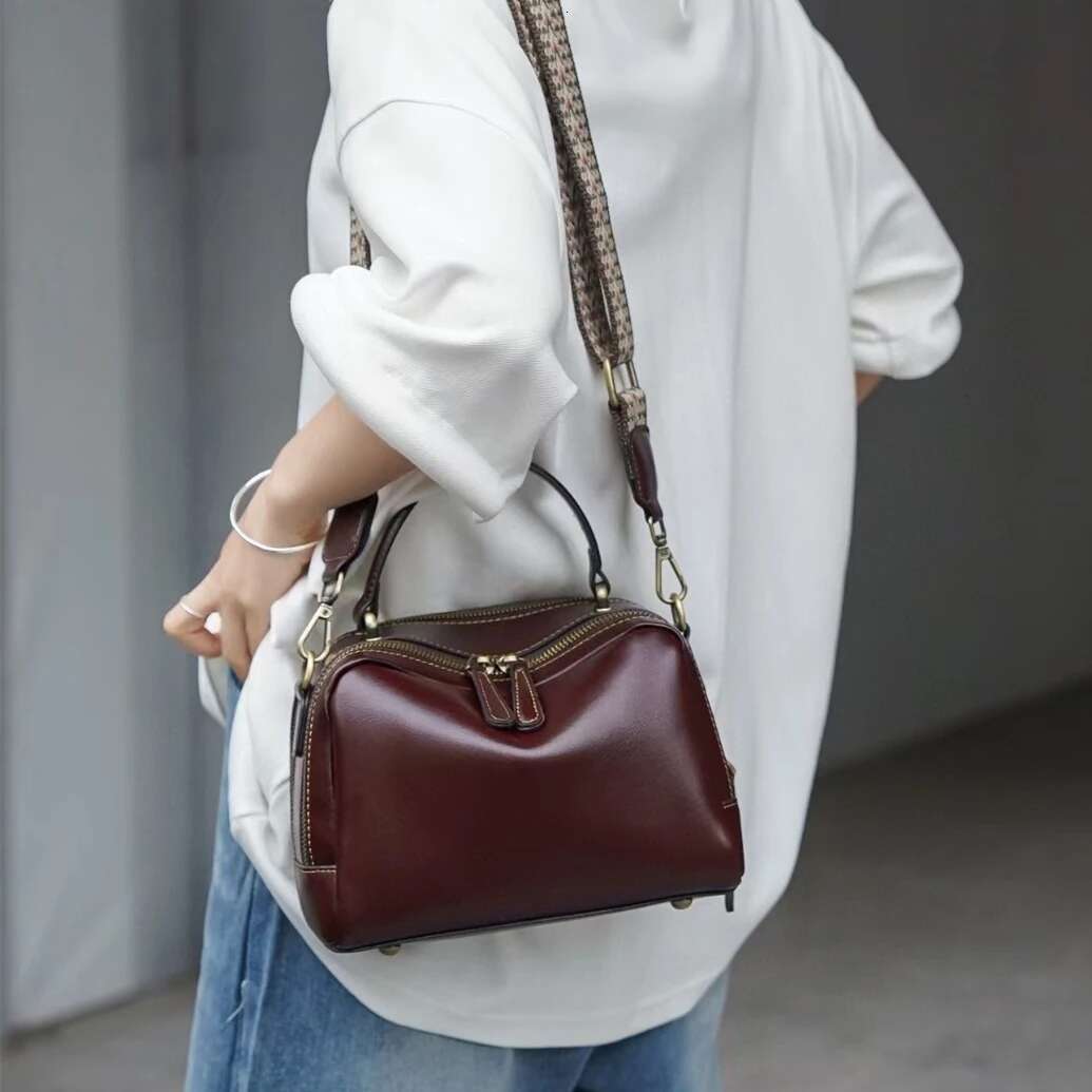 Vintage Genuine Leather Wide Strap Crossbody Shoulder Bags For Women Trend Designer Boston Tote Ladies Handbags