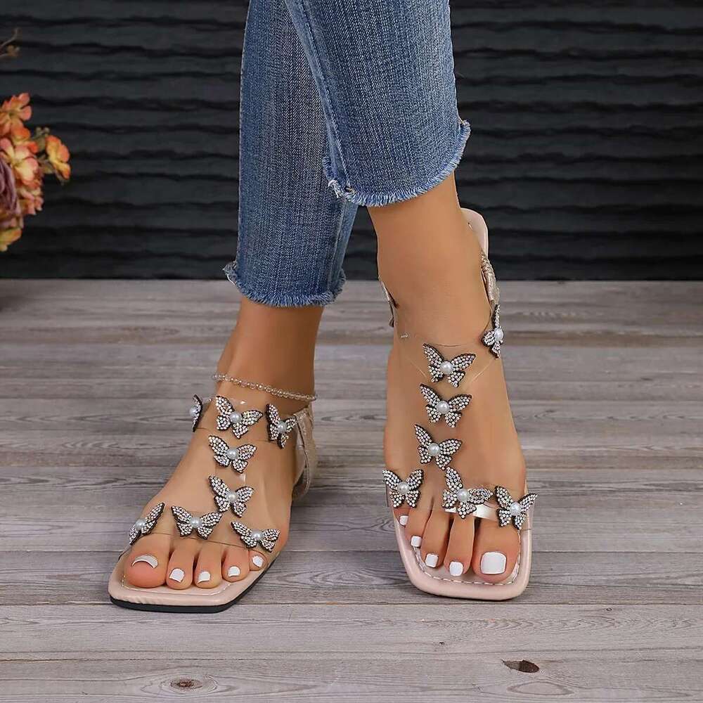 Summer Women's 2025 Sandals with Bow Pearl Flat Heels Elegant Rhie Party Ladies Shoes Plus Size 43 Sandalias Mujer