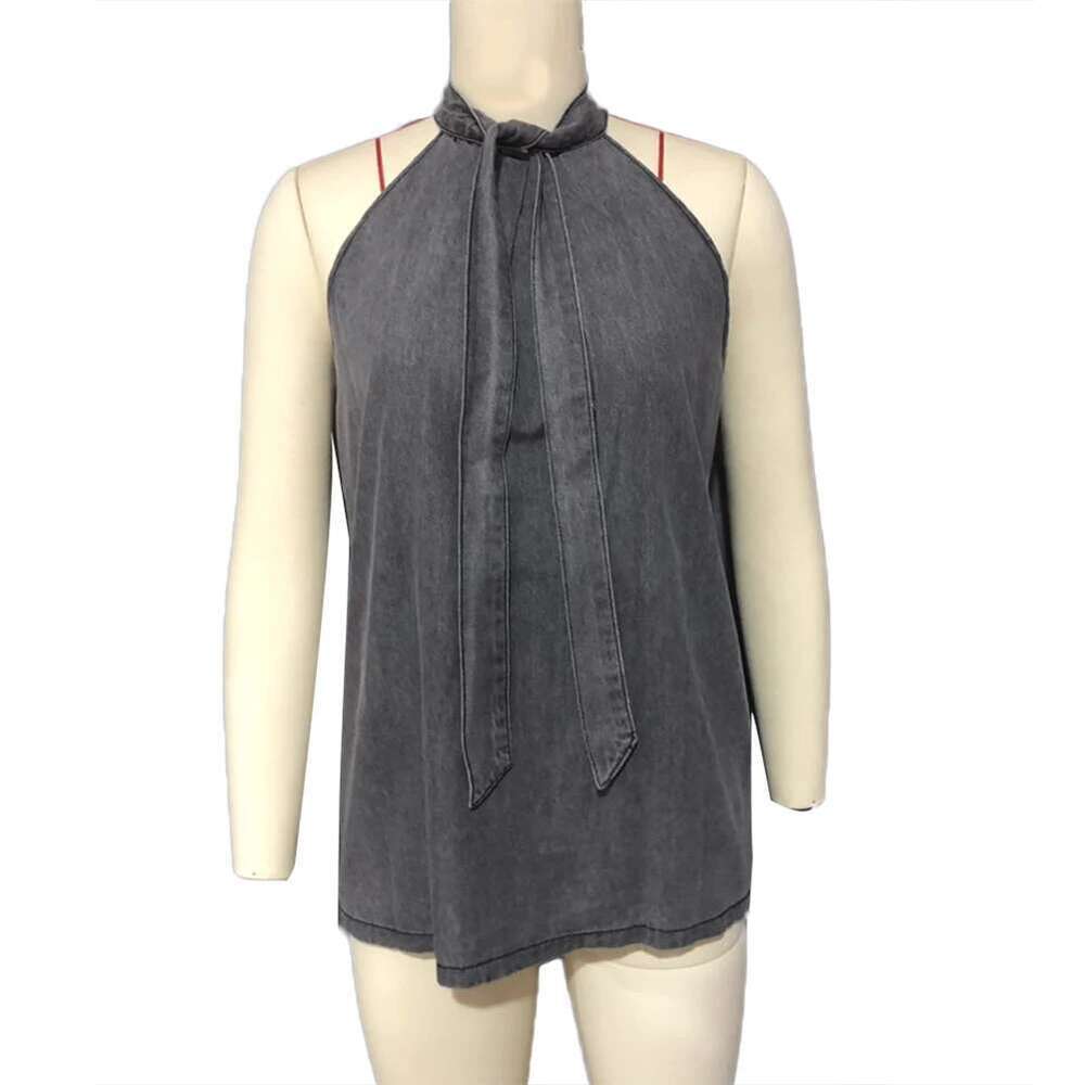 Color Women Solid Vest Sleeveless Back Button Neck Bandage Halter Blouse Top Perfect To Match With Jeans Shorts
