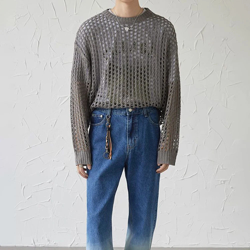 Mens Y2k Hollow Out Outfits See-Through Knit Shirts Summer Fashion All-Match Casual Geometric Vintage Loose Smock Tops 250304