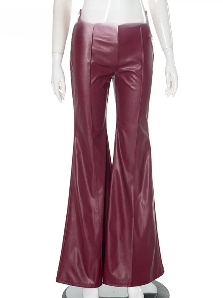 Women PU Leather Flare Leg Pants Fashion Elegant High Waist Elastic Slim Fit Zipper Trousers Autumn New Outwear Mujer