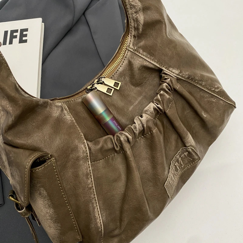 Distressed Vintage Shoulder Bags For Women Pleated Large Capacity Retro Hobo Bag Winter Handbags 250228
