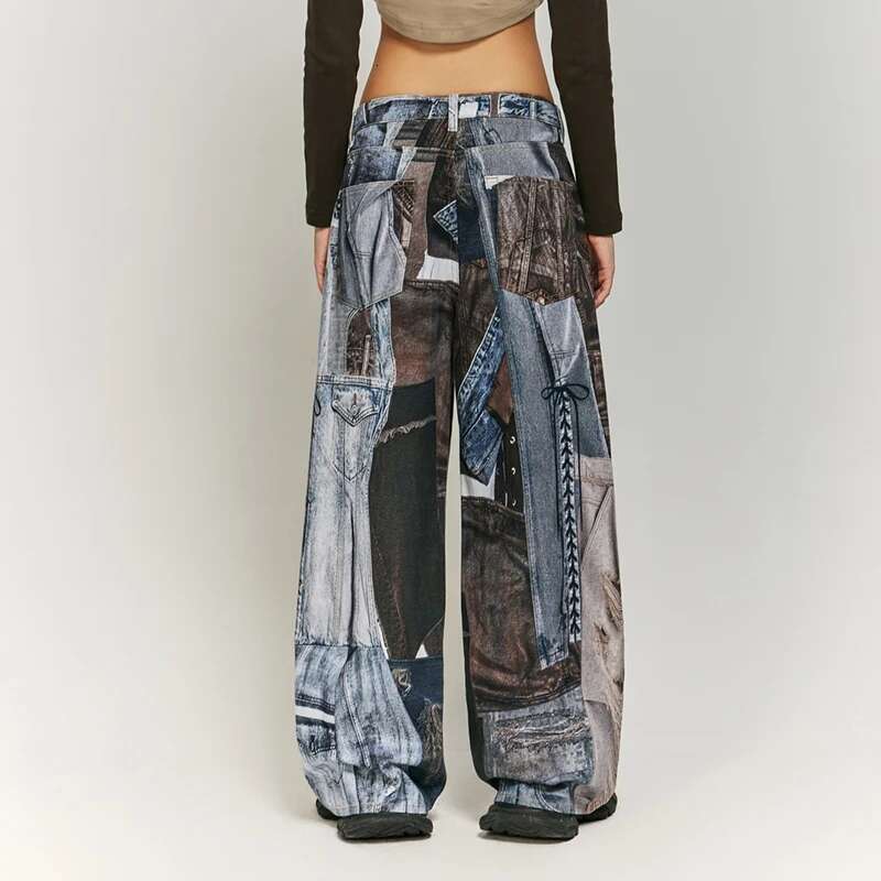 American Street Vintage Patchwork Digital Printed Jeans Male And Female Trendy Brand Loose Wide Leg Fashion High-End Trousers