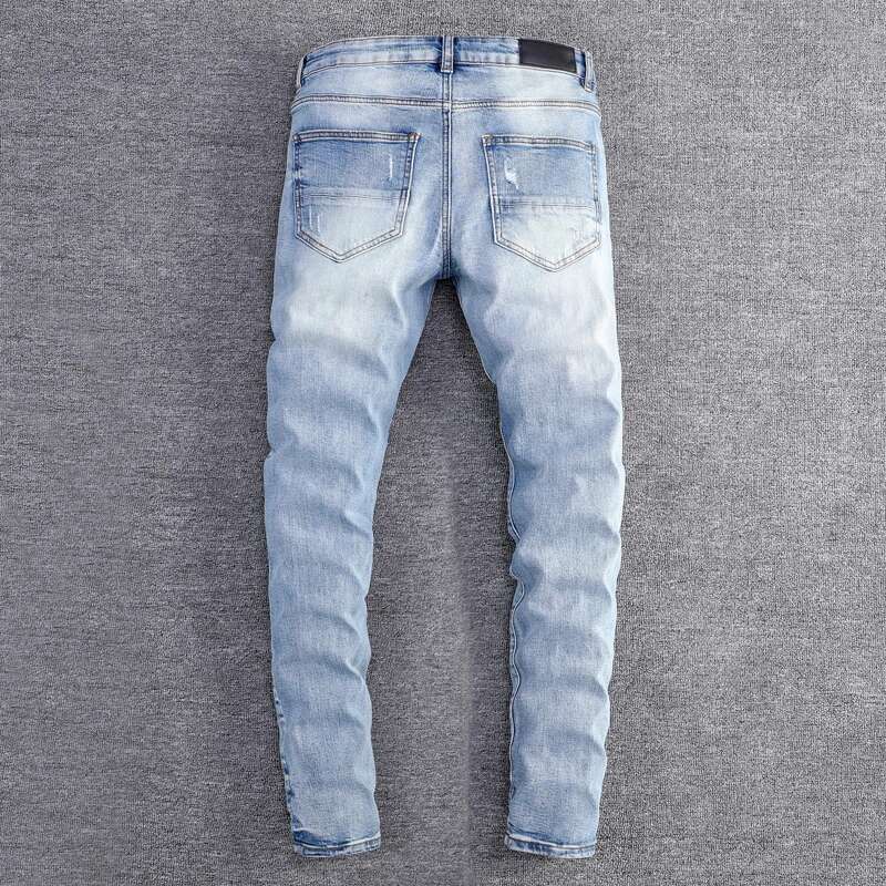 Fashion New Men's Stretch Slim Fit Washed Retro Light Blue Ripped White Patch Jeans Designer High Street Fashion Hip-Hop B
