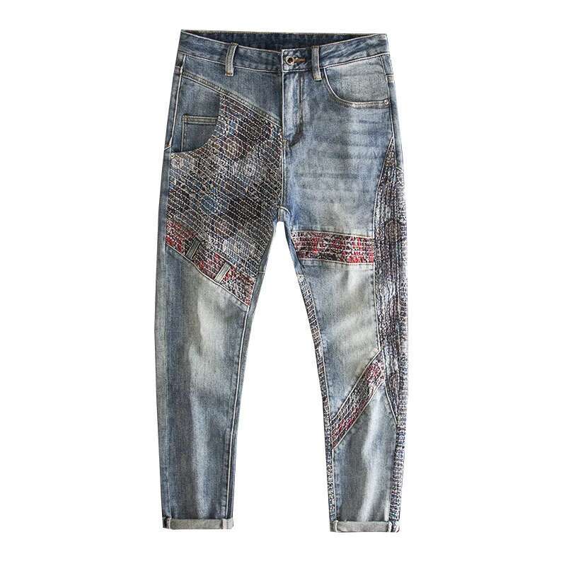 High-End Fashion Personality Men's Jeans With Patchwork Craftsmanship, Embroidery Design, And Printed Street Denim Pants
