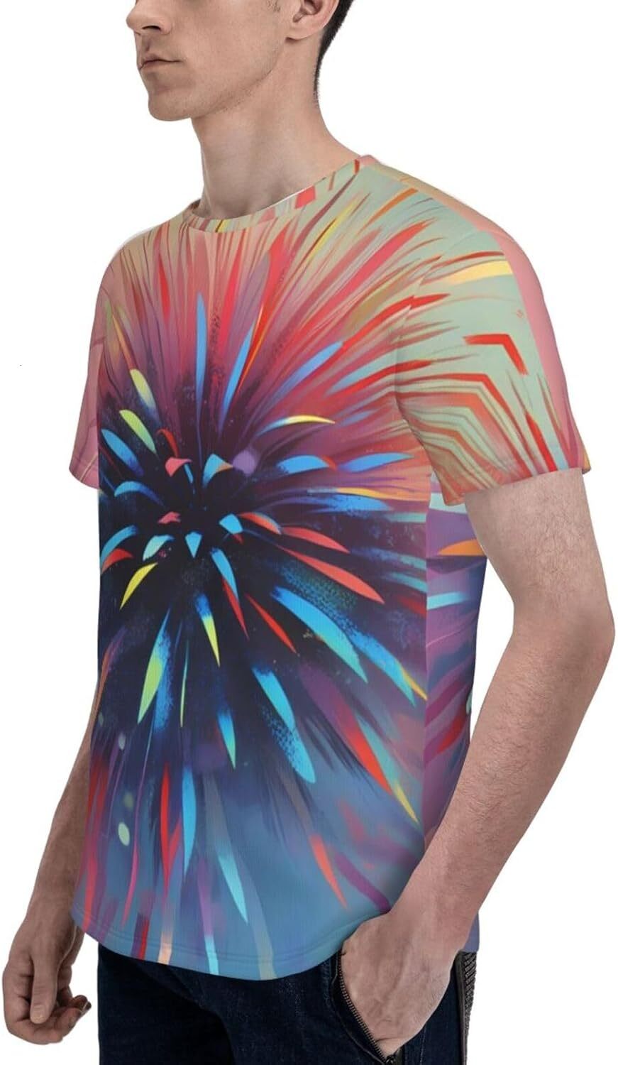 Mens T shirt Colorful Fireworks 3D Graphic T-Shirt for Men and Women - Exploding Fireworks Trendy Casual Soft Comfort Crew Neck Tee tee Casual tops su
