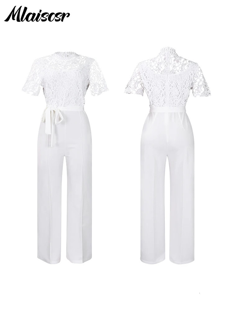 Mlaiscsr Elegant White Jumpsuits with Sashes Club Outfit for Women Lace Patchwork Short Sleeve Birthday Party One Piece Rompers 250303