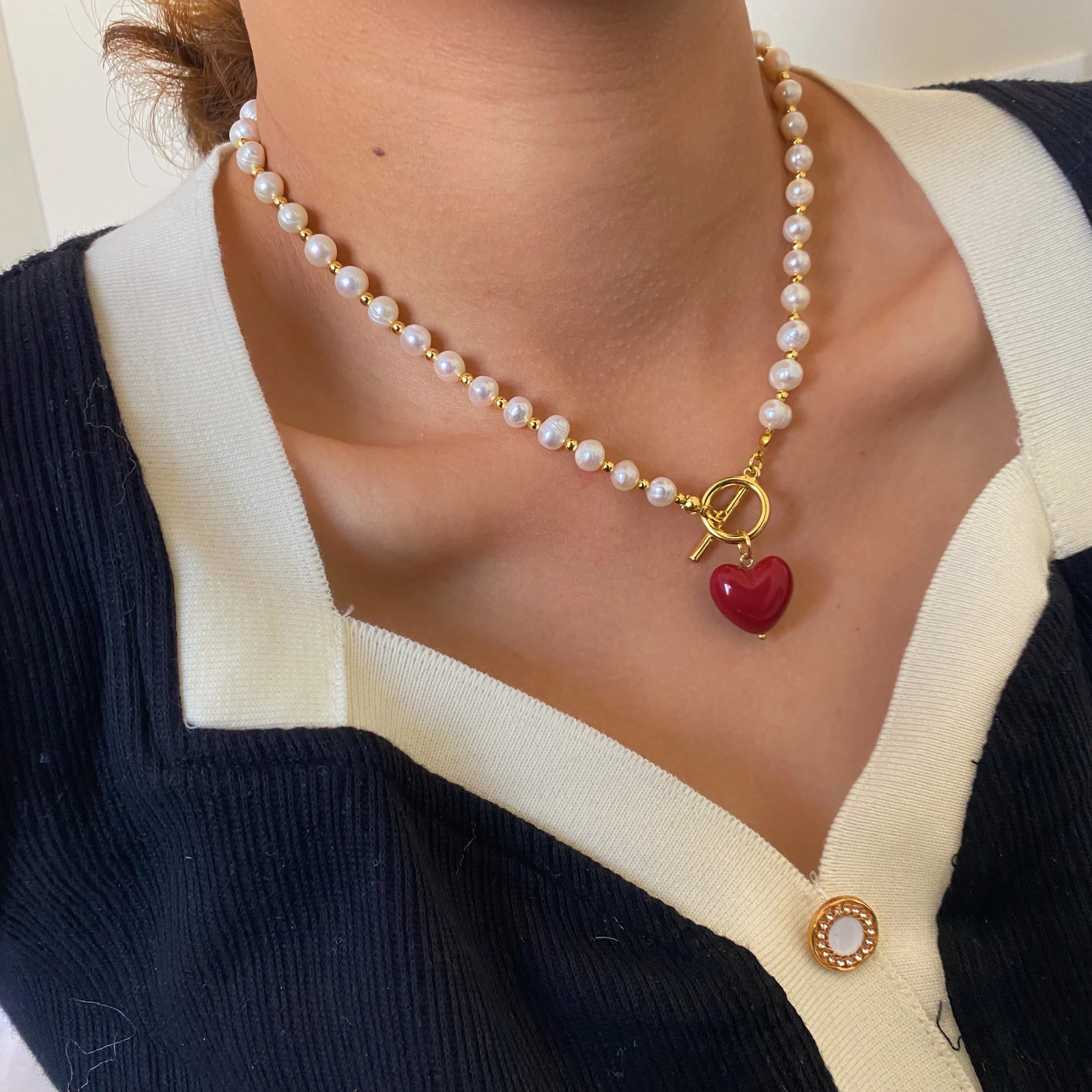 Brass With 18K Real Natural Pearl Beads Heart Necklaces Women Jewelry Punk Hiphop Runway Rare Boho Top Japan Korean 250304
