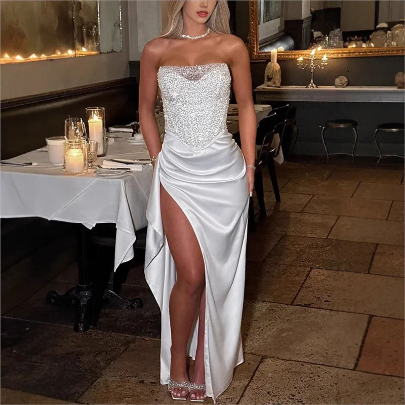 Summer Satin Evening Dress 2025 Elegant Tube Top Sequins Long Dress Fashion Sleeveless High Split Prom Party Dress 250303