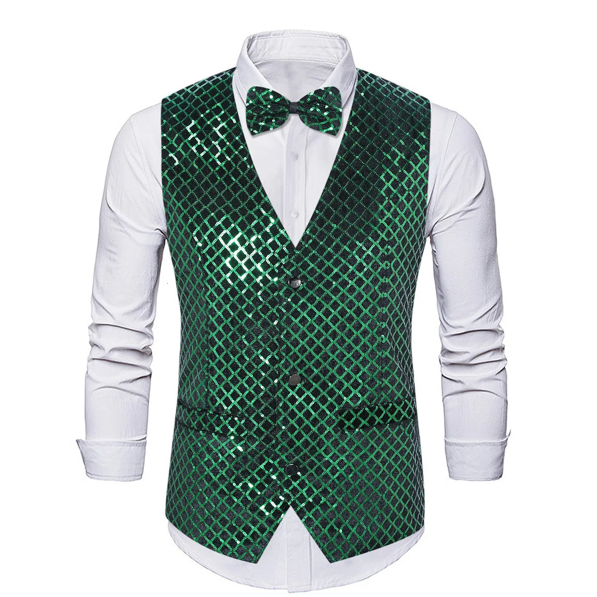 4809 Spring Mens Vest Vneck With Bow Plaid Sequins Suit Single Breasted Sleeveless Waistcoat Loose Male Dance 250304