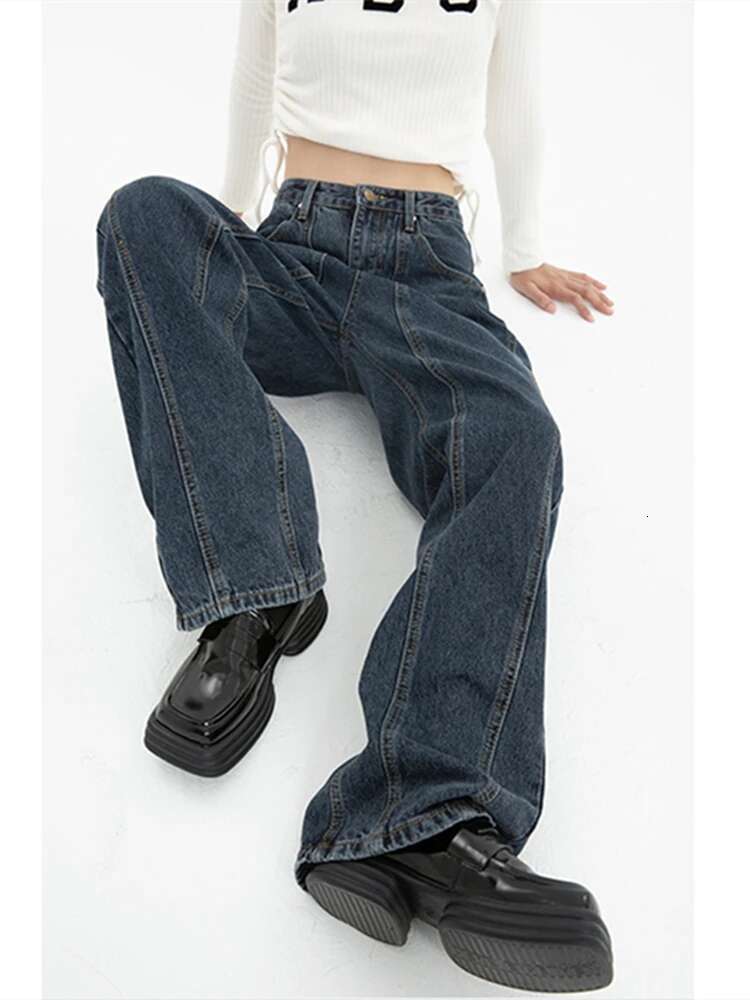 Dark Blue Womens Jeans High Waist Vintage Straight Baggy Pants Streetwear American Style Fashion Wide Leg Denim Trouser