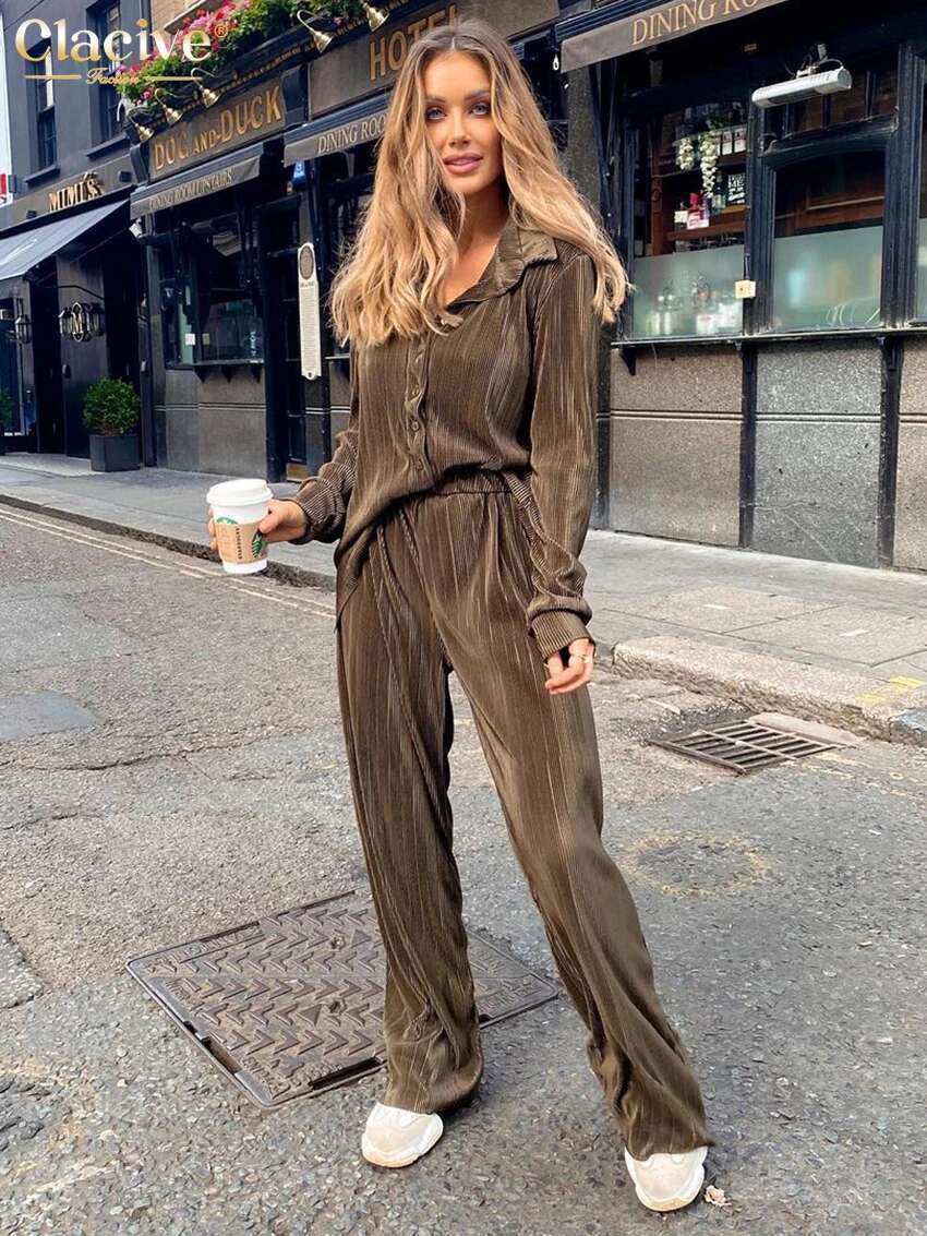 Clacive Casual Loose Shirts Pants Set Woman 2 Pieces Elegant Brown High Waist Pant Fashion Pleated Home Wide Trouser Suits