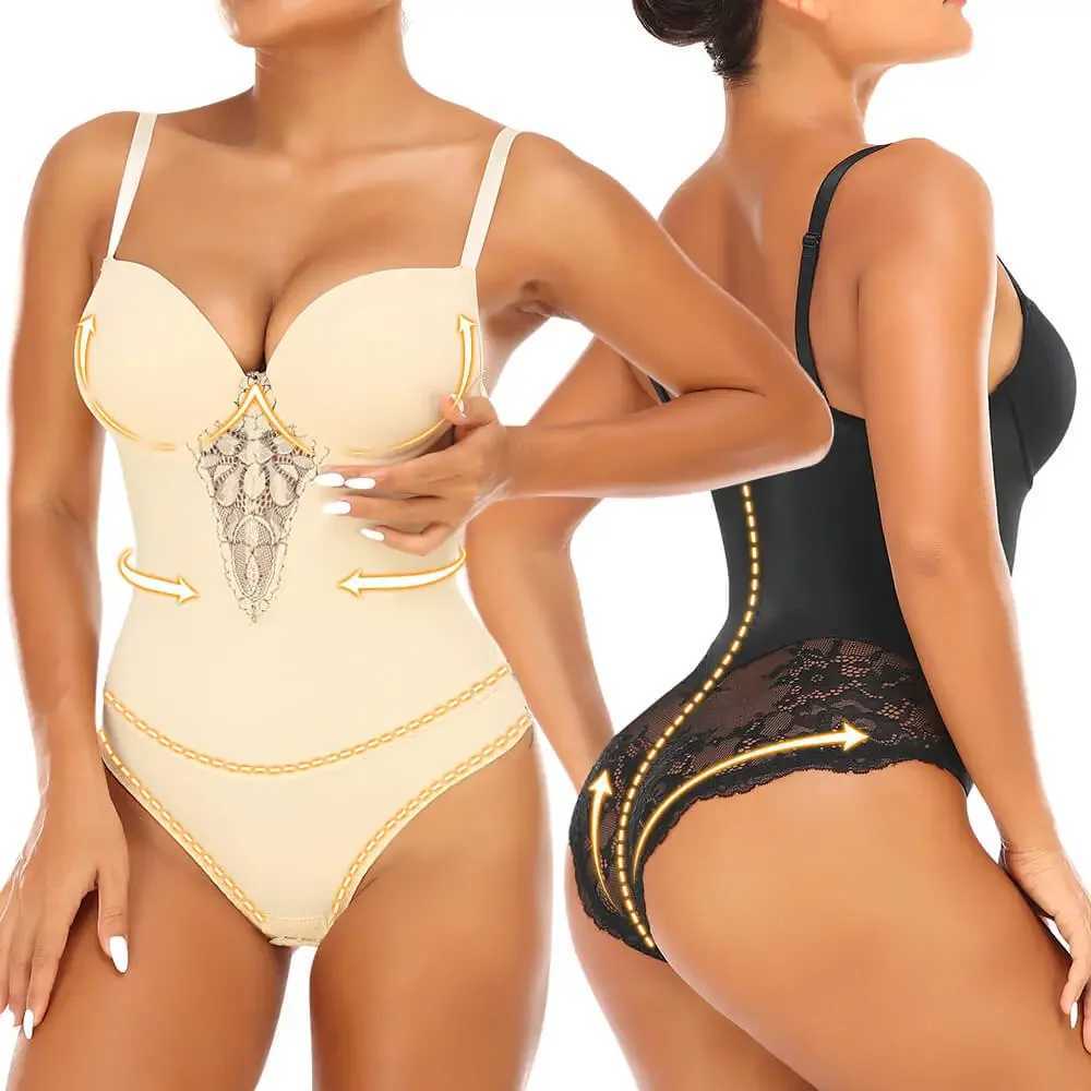 Colombian Fashion Thong Underwear Body Shapers Women Shapewear Bodysuit Sexy Lace Open Crotch Lingerie V-collar Wireless BraXJ250304