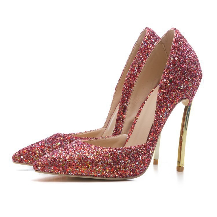 Instagram Fashion Show Plated Steel Heel Pointed Side Hollow Glitter Pink Women's Single Shoes