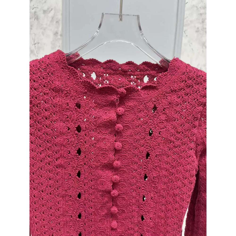 Women 100% Cotton Hollow Out Knitted Cardigan Tops Early Autumn Long Sleeve Single Breasted O-Neck Female 2 Color Sweater