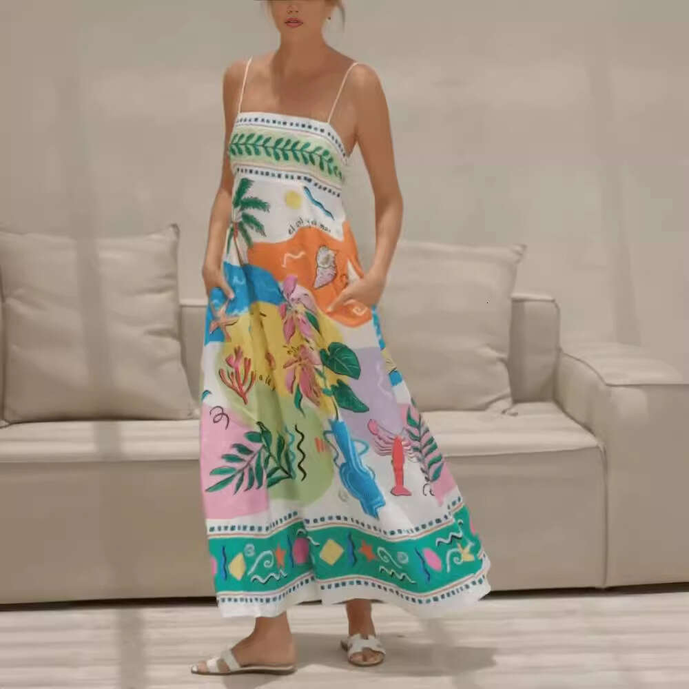European and American Summer Women's Sexy Positioning Printed Strap Sleeveless Swing Dress 2025 New Casual Fashion Trendy Clothing