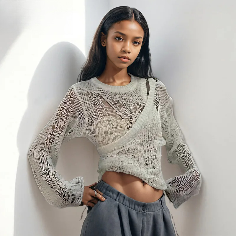 2025 Spring New Pin Fake Two Piece Knitted Shirt For Women Versatile Hollow Out Long Sleeved Top Female Trendy 11A0379
