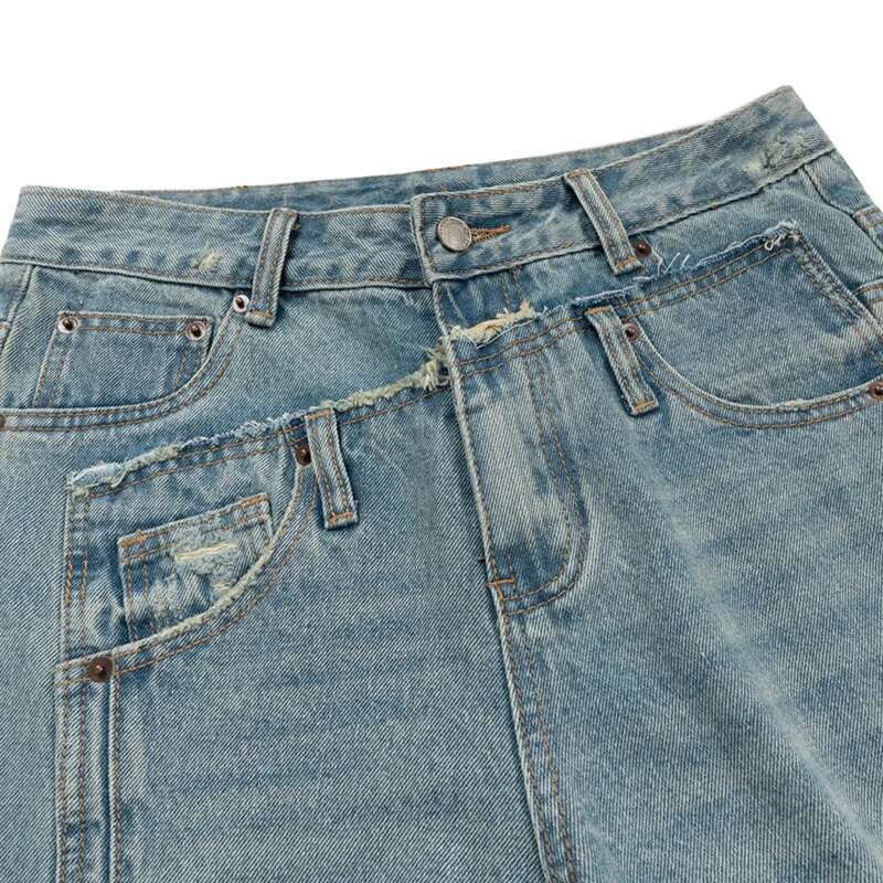 HKSH Autumn New Men's Tide Punk Spliced Jeans Women's Chic Vintage Denim Pants Irregular Design Niche Straight Trend Ins Hk2774