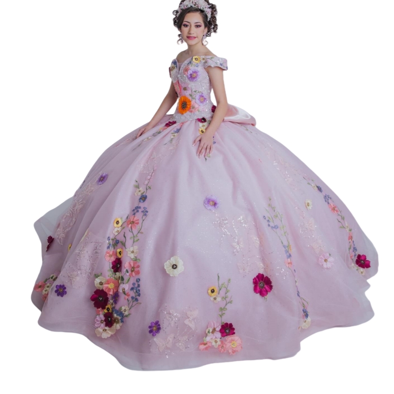 Princess Quinceanera Dresses With Colorful Floral Lace Appliques Off Shoulder Long Blush Pink Ball Gown Sweet 16 Dress Bow Back Boutique Party Occasio