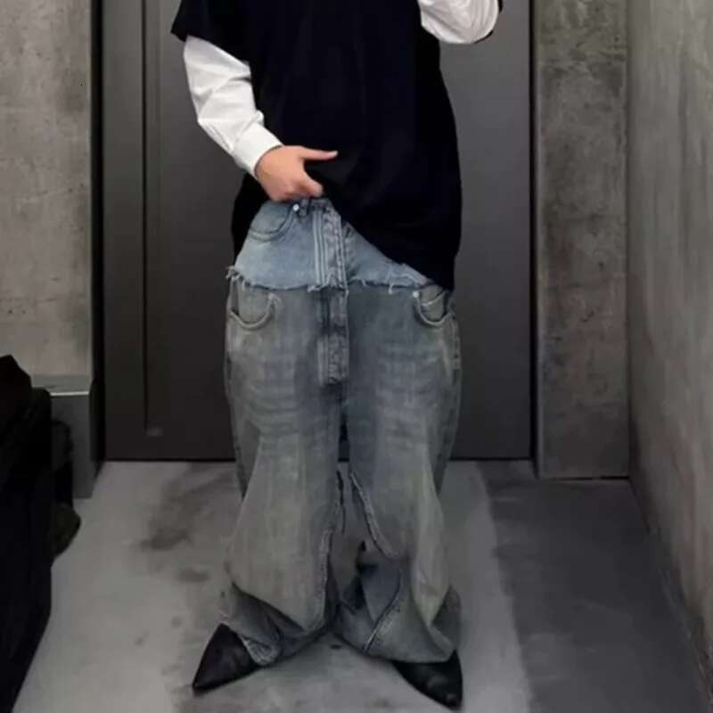 HKSH Spring Autumn New Men's Tide Punk Ripped Denim Pants Women's Spliced Double Layer Waist Baggy Jeans Streetwear Chic Hk3747