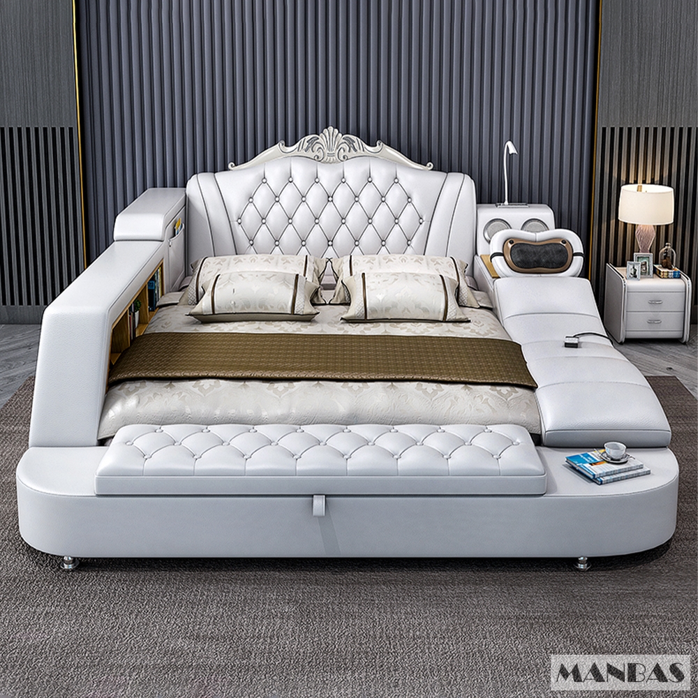 MANBAS Ultimate Bed Frame Tech Smart Multifunctional Bed with Genuine Leather, Massage, USB, Bluetooth Speaker, Tatami & Safe