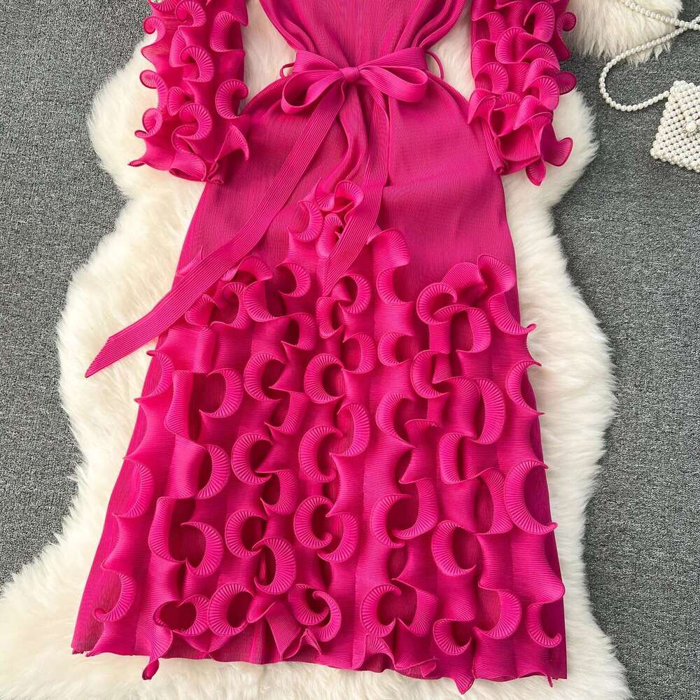 European Court Style Dress Miyake For Women A Design Sense Tassel V-Neck Slim Fit Long High-Temperature Pleated Flared Sleeve
