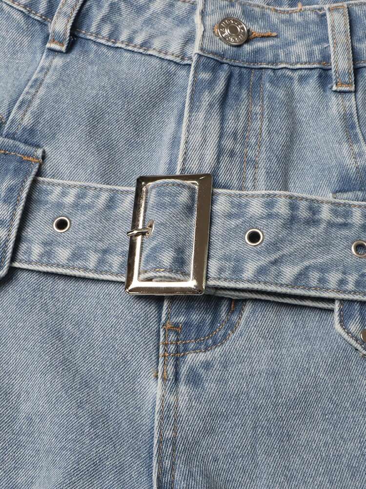 TWOTWINSTYLE Hollow Out Patchwork Belt Denim Pant For Women High Waist Spliced Button Streetwear Straight Jeans Female Fashion