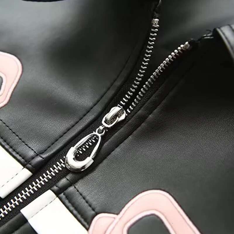 Woman's Street Style Faux Leather Cool Bow Coat Sweet Retro Lapel Long Sleeves PU Jacket Streetwear Zipper Outerwear