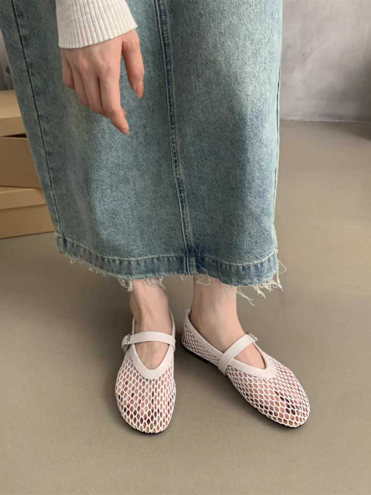 heels Round headed mesh buckle with ballet single shoe womens ins full flash flat bottom hollow Mary Jane sandals fishing net shoes 250309