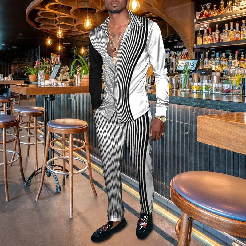 Retro Harajuku Mens Shirt Suits 3D Print Fashion Men Casual Breathable Lapel Long Sleeve Pants2 Pcs Set 250227