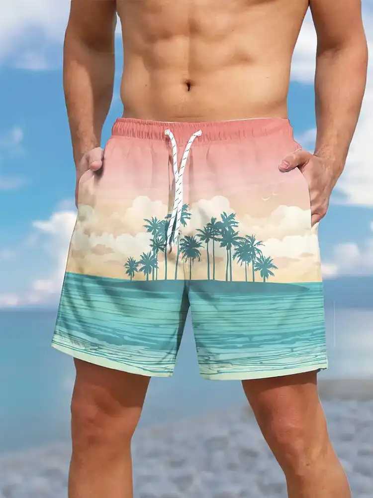 2024 Summer 3D Prints Hawaiian Vacation Style Printing Shorts Mens Casual Board Shorts Swim Trunks Drawstring Breathable ShortT250304