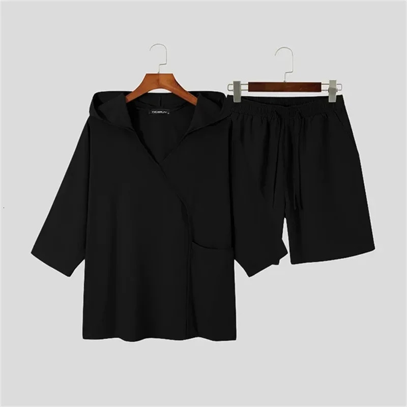 Mens Sets Cotton Linen Two-Piece Set Short-Sleeve Hoodie V-Neck T-Shirt Loose Home Suits Irregular Shorts Monochromatic Summer 250303