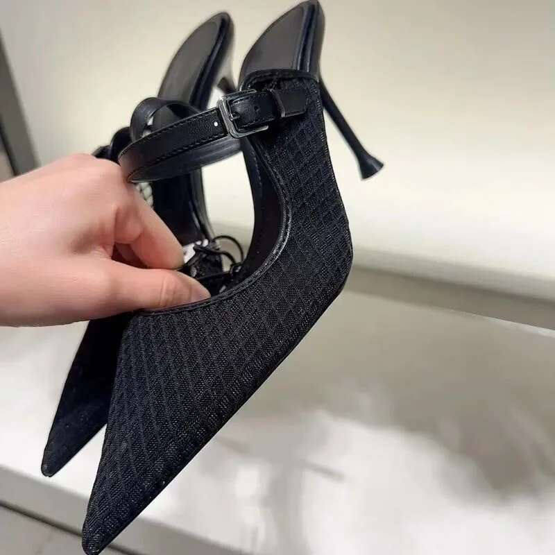 Mules High Heels Shoes for Laides Sexy Pointed Toe 2025 Summer Stilettos Black Hollow Breathable Mesh Vintage Women's Sandals