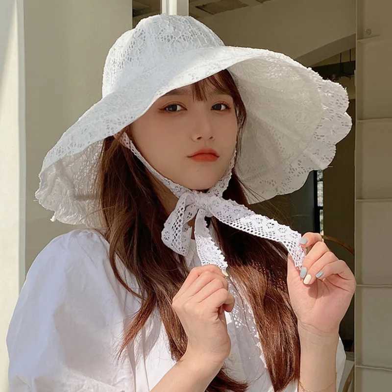 Woman Lace Sun Hat White Black Summer Hats for Women Bucket Hat Beach Sunhat Large Wide Brim Summer C for WomenXJ250304
