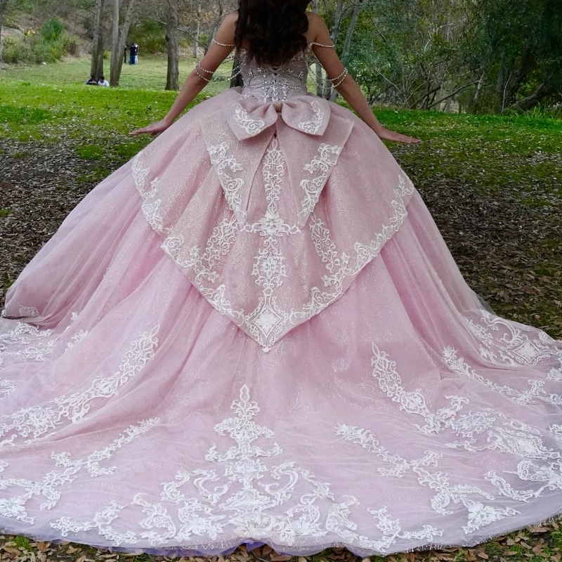 Pink Shiny Quinceanera Dresses Ball Gown Off The Shoulder Applique Lace Beading Crystal Bow Tull Party Birthday Sweet 16 Vestidos 15 De Anos