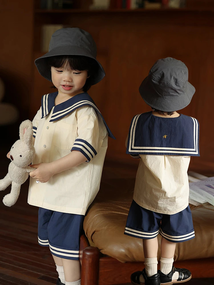 Baby Boy Girl Clothes Sets Sailor Collar Soft Cotton Fashion Baby Navy Uniform Baby Costume 250304