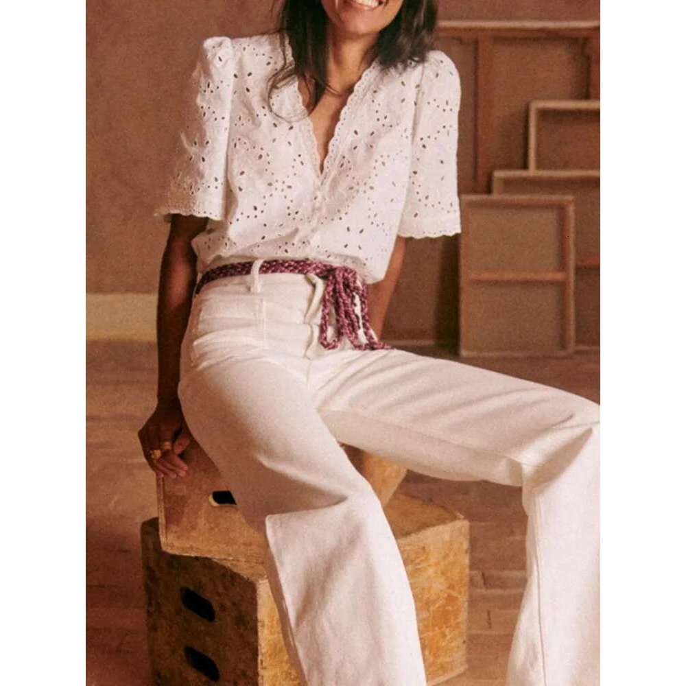 Women Wavy Edge White Cotton Shirt 2025 Early Autumn Female Short Sleeve Blouses Embroidery Hollow Out Top