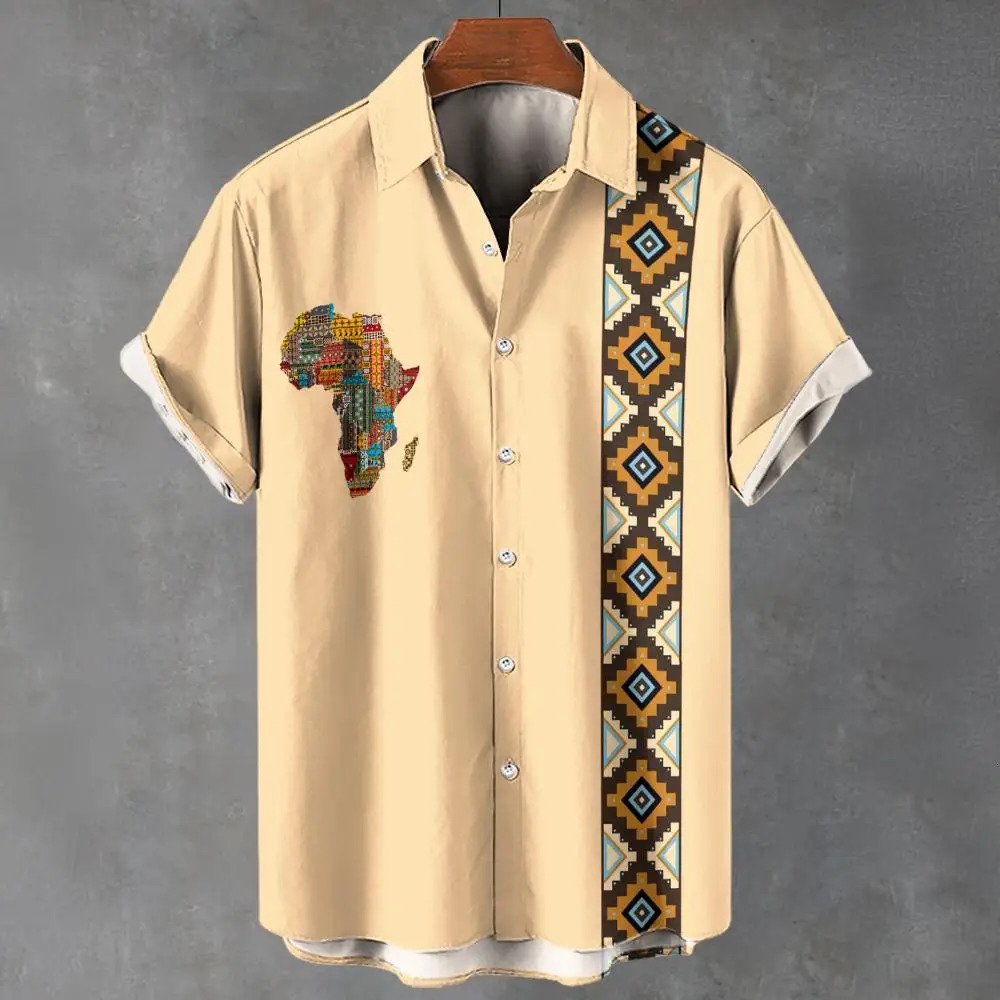 Retro mens shirt ethnic pattern printed short sleeved T-shirt lapel shirt summer fashion casual streetwear mens oversized clothing 250227