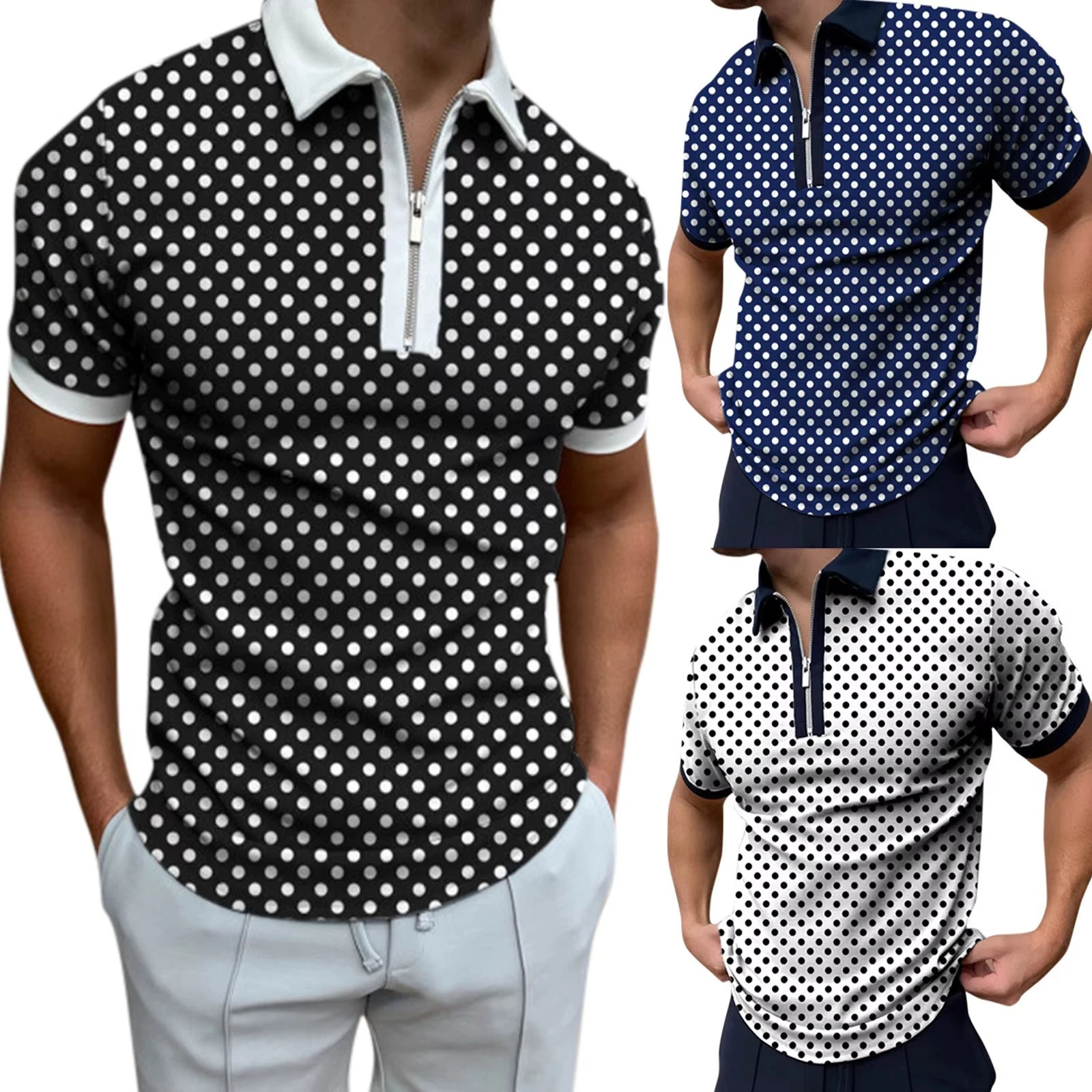Summer Mens Fashion Zipper Polos 3D Printed Striped Plaid Pattern Mens Polo Shirts Short Sleeve Business Casual Men Clothing 250304