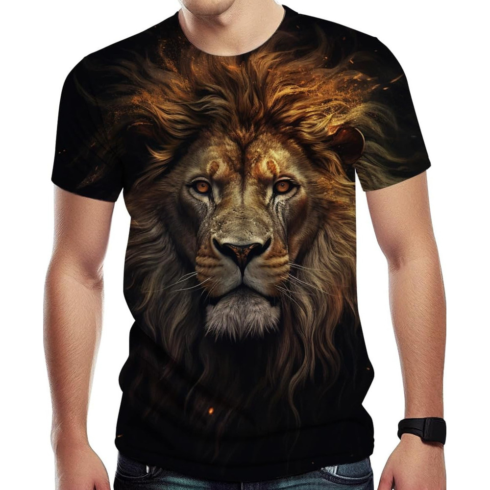 Mens T shirt Men's Lion Print Crew Neck Short Sleeve T-Shirt tee Casual tops summer clothes Fashionable lion pattern
