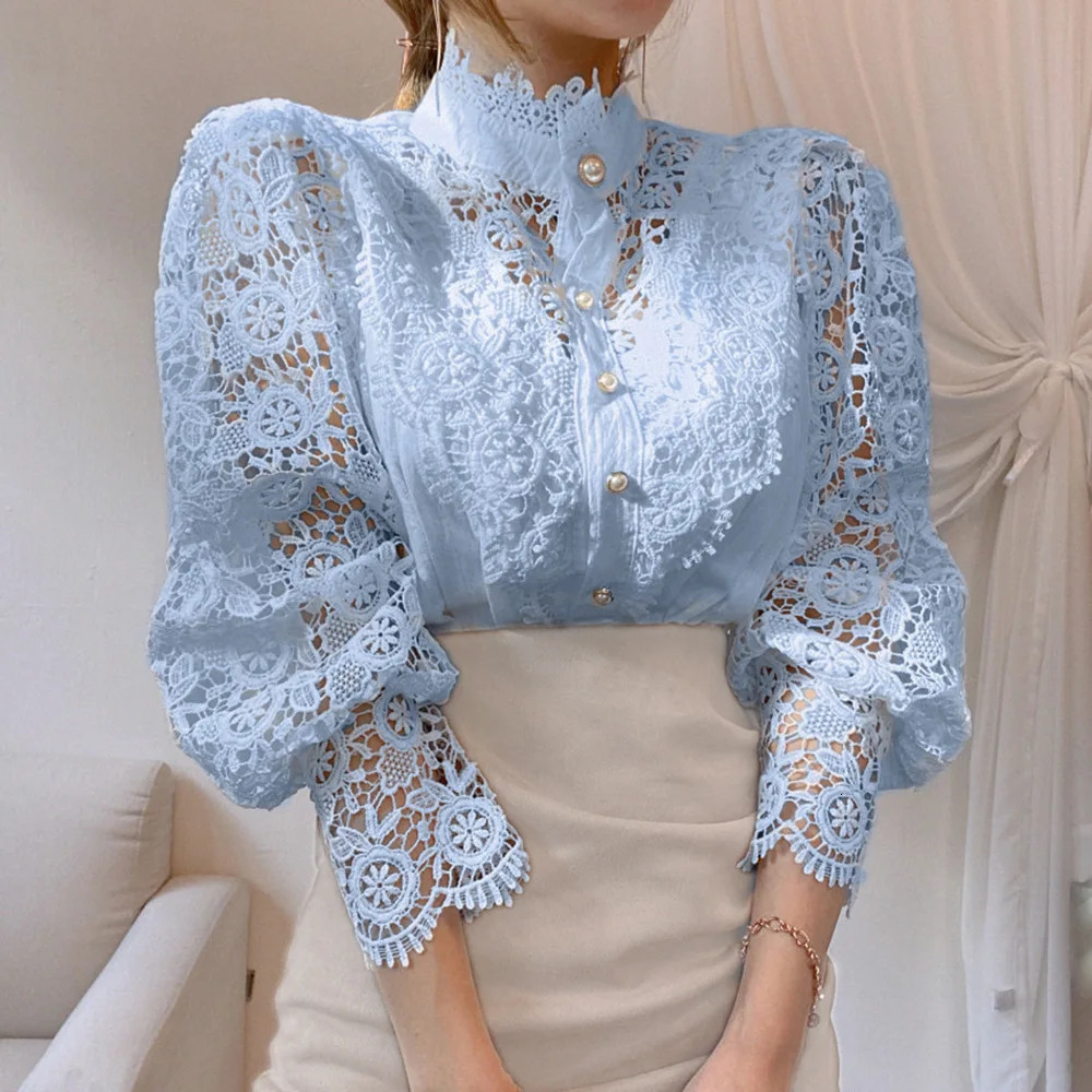 Elegant Lace Tops Embroidery Hollow Out Solid Stand Collar Female Tunic Plus Size Petal Sleeve Spring Womens Tops And Blouses 250228