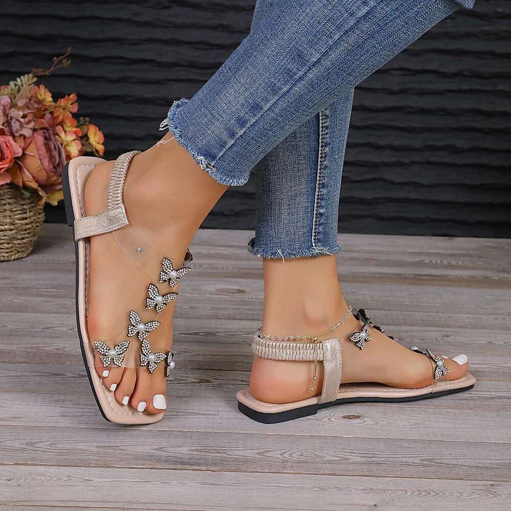 Summer Women's 2025 Sandals with Bow Pearl Flat Heels Elegant Rhie Party Ladies Shoes Plus Size 43 Sandalias Mujer