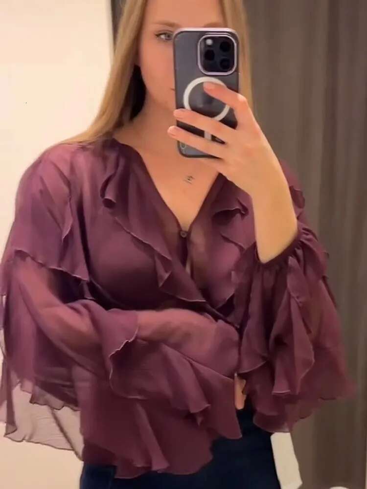 Spring Bury Layer Ruffles Shirts For Woman Casual V Neck Full Sleeve Loose Blouse New Female High Street Office Outfits 2025
