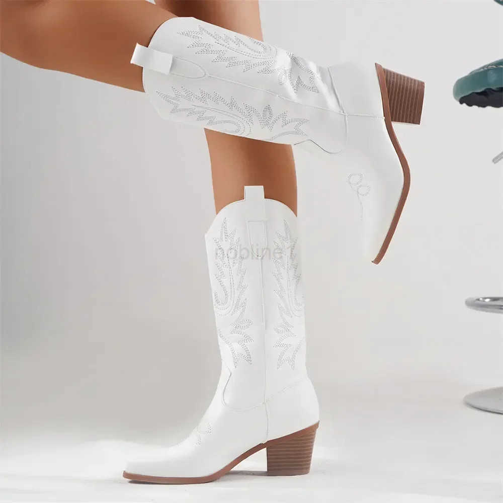 Plus size 43 High Quality Block H Mid-calf White Cowboy Boots Wen Vintage Country Concert Wern Boots Shoes Z250304