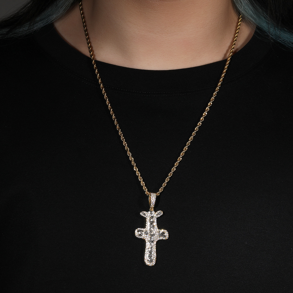 Classic Hip Hop Cactus Jack Cross Pendant Necklace 5A Zircon Gold Plated Boy Men Religious Jewelry