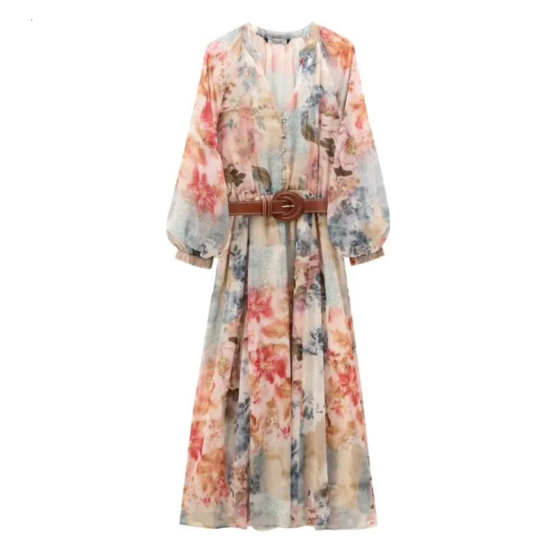 TRAF Print Long Dress With Belt For Women Autumn Fashionable Sleeved Loose Casual Elasticated Waist Female Midi 250303